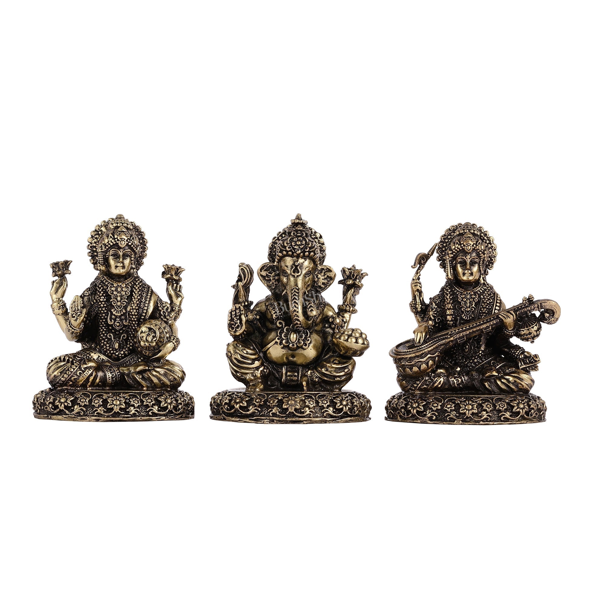 Brass Superfine Lightweight Intricate Ganesh Lakshmi Saraswati Idols - 3"