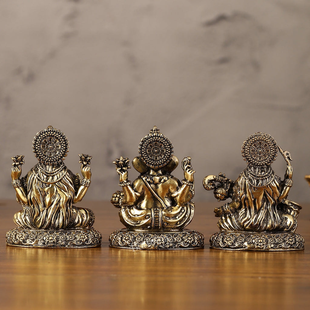 Brass Superfine Lightweight Intricate Ganesh Lakshmi Saraswati Idols - 3"