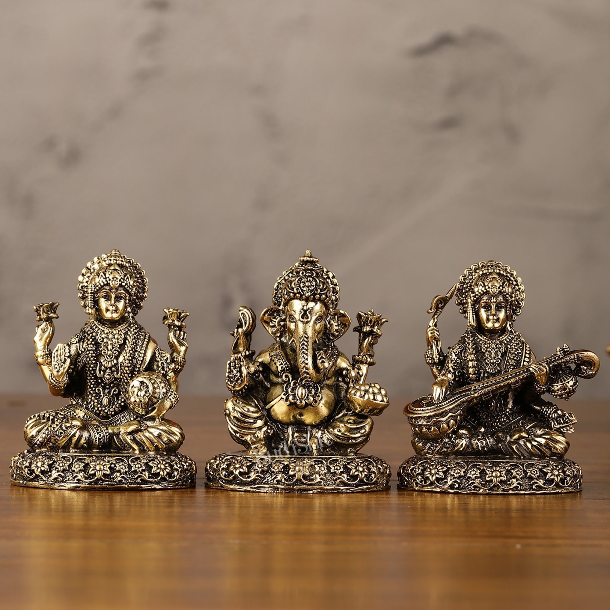 Brass Superfine Lightweight Intricate Ganesh Lakshmi Saraswati Idols - 3"