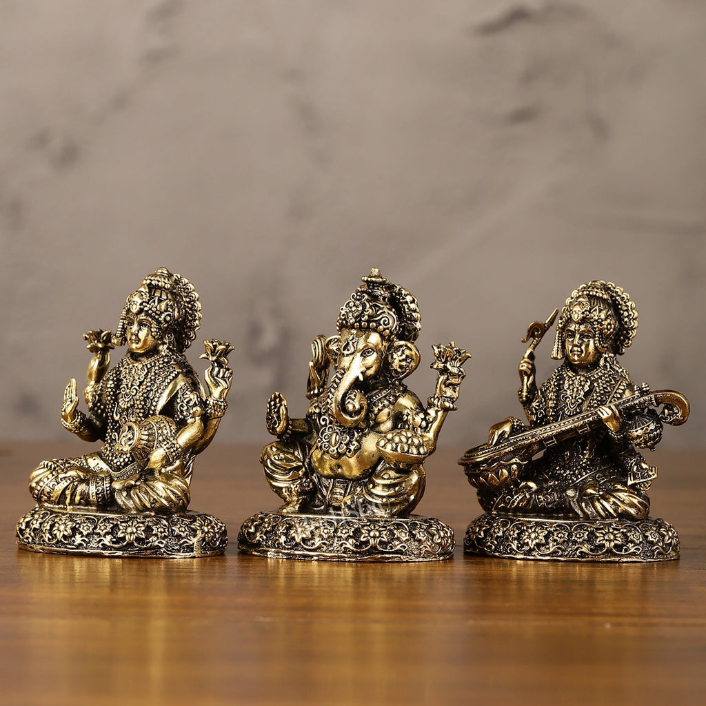 Brass Superfine Lightweight Intricate Ganesh Lakshmi Saraswati Idols - 3"