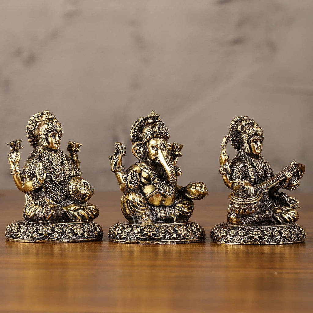 Brass Superfine Lightweight Intricate Ganesh Lakshmi Saraswati Idols - 3"